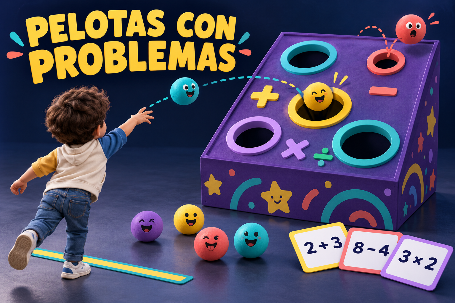 Propuesta conceptual de la caja Pelotas con Problemas: orificios de colores, pelotas expresivas y tarjetas matemáticas